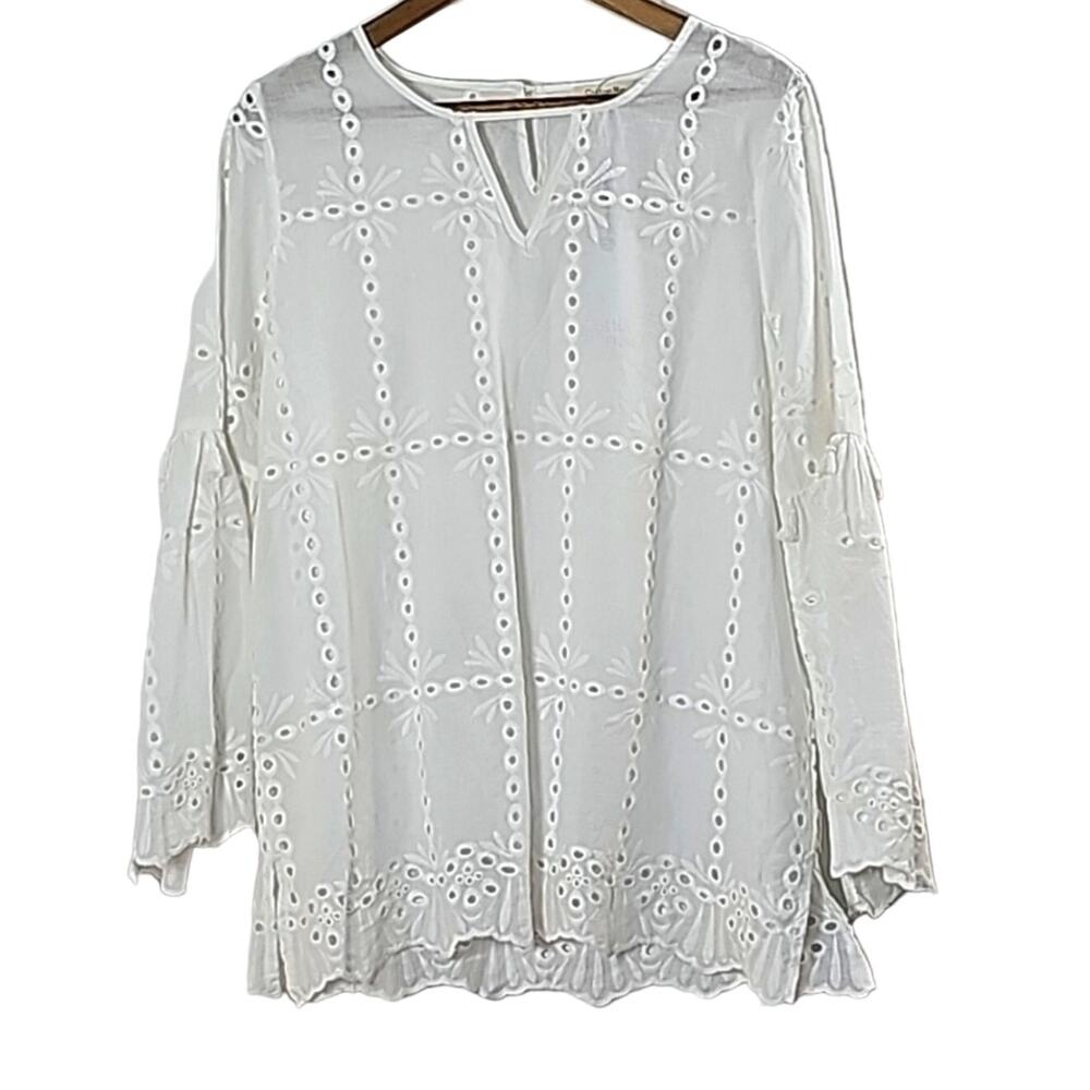 NWT Womens Sz M White Eyelet Tassels Bell Sleeve Embroidered Blouse Cotton Blue
